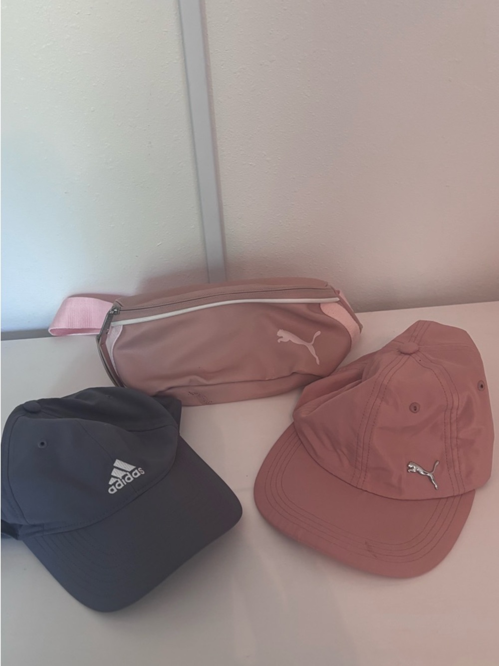 Adidas Black Baseball Cap + Pink Puma Cap & Pink Puma Waist Bag